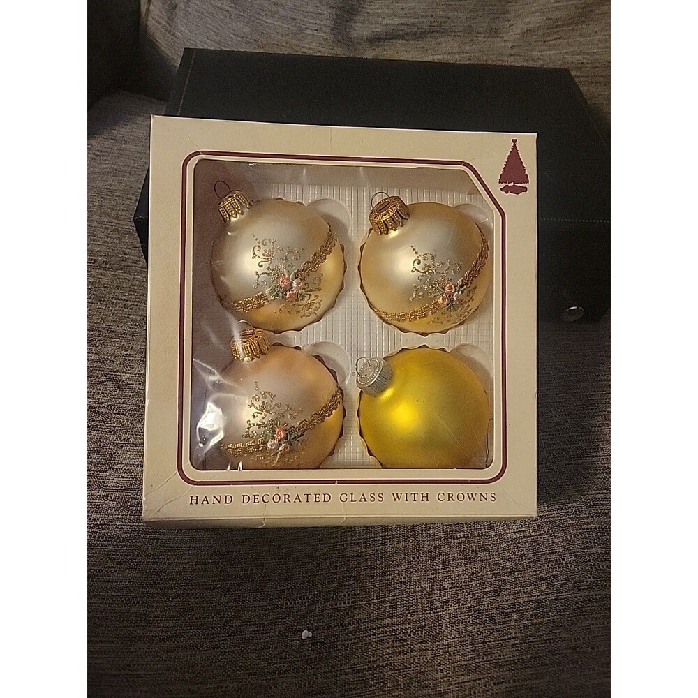 Set of 4 Christmas by Krebs Hand Decorated Gold Glass Ornaments Balls VTG